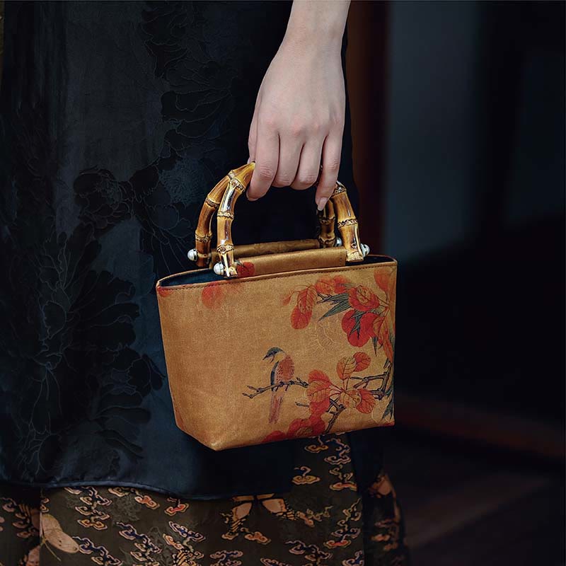 Yellow Bird Branches Green Peony Flower Bamboo Handles Handbag