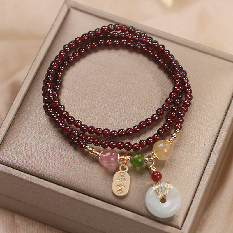 Natural Garnet Strawberry Quartz Crystal Fox Koi Fish Peace Buckle Fortune Protection Triple Wrap Bracelet - Image 10