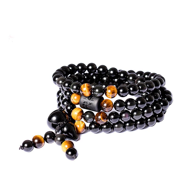 Natural Black Obsidian Rainbow Obsidian Gourd Blessing Bracelet Mala - Image 6