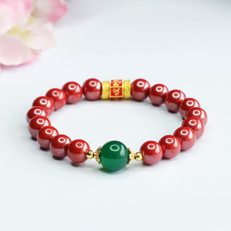 Natural Cinnabar Green Agate Om Mani Padme Hum Pattern Blessing Bracelet