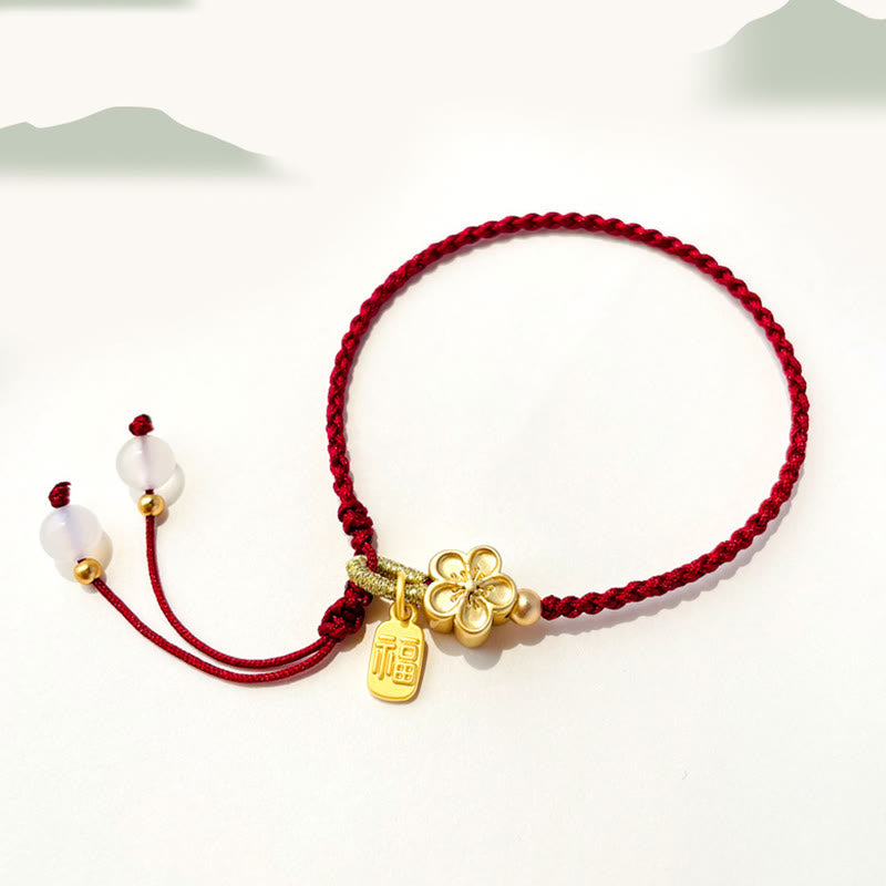 Handmade Peach Blossom Rosette Bow Knot Fu Character Charm Luck Fortune Red Rope Bracelet - Image 3