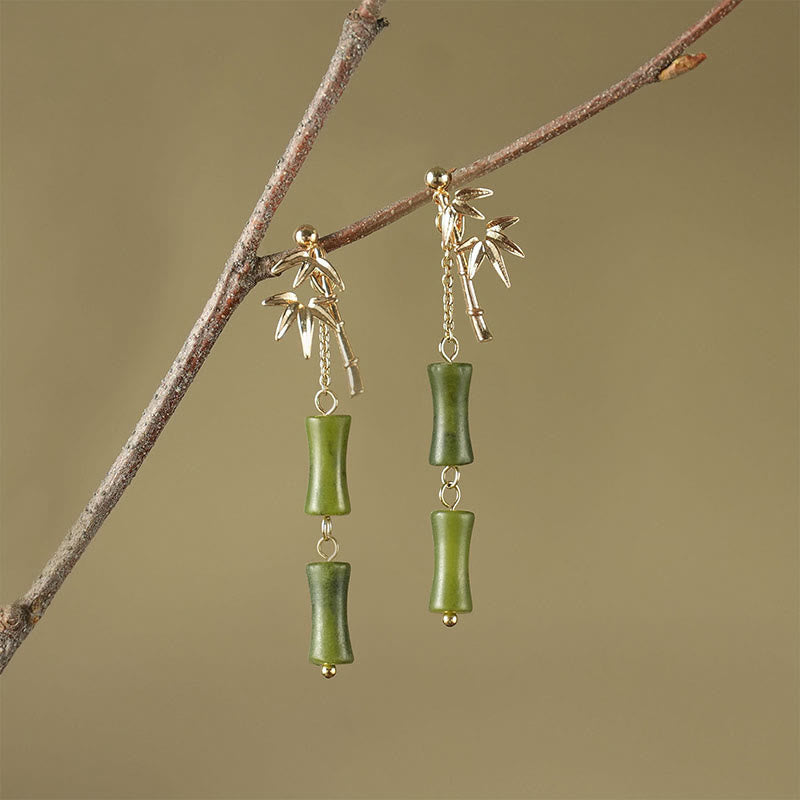 925 Sterling Silver Posts Copper Plated Gold Natural Peridot Bamboo Leaf Drop Earrings