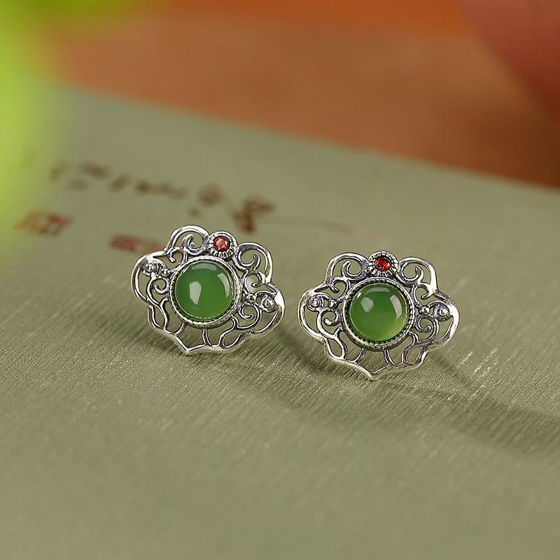 925 Sterling Silver Natural Hetian Cyan Jade Hollow Design Luck Ring Earrings Set - Image 10
