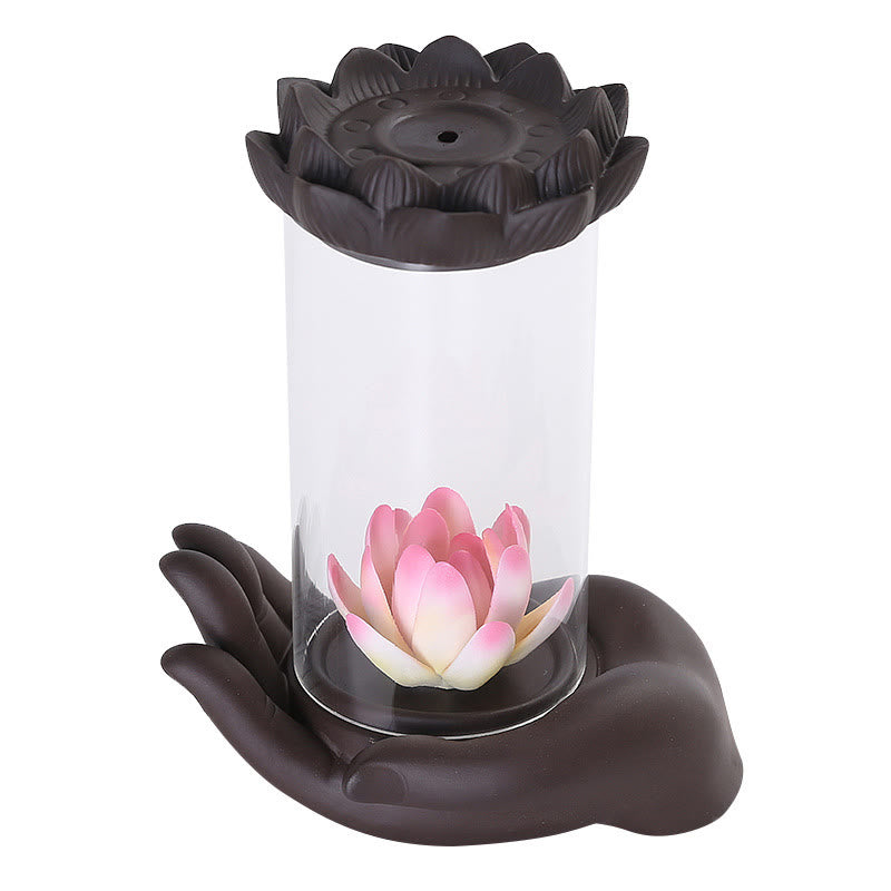 Buddha Hand Lotus Enlightenment LED Light Purple Clay Ceramic Incense Burner Decoration - Image 8