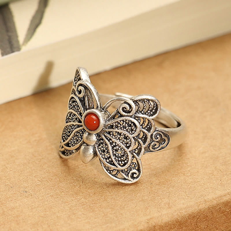 925 Sterling Silver Red Agate Butterfly Self-acceptance Ring Earrings Set - Image 3