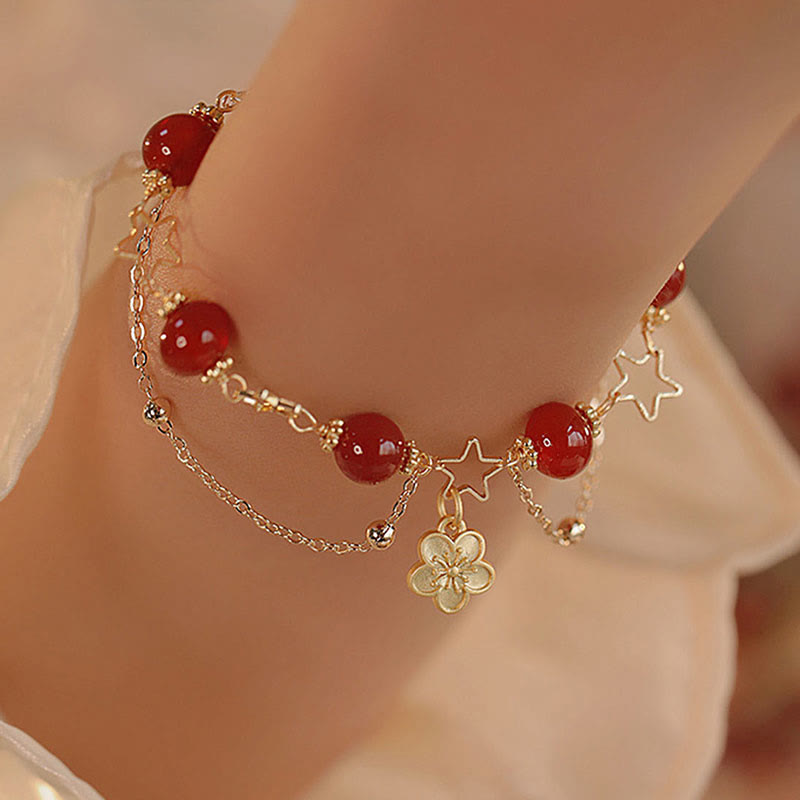 14k Gold Plated Red Agate Star Flower Charm Calm Bracelet - Image 5