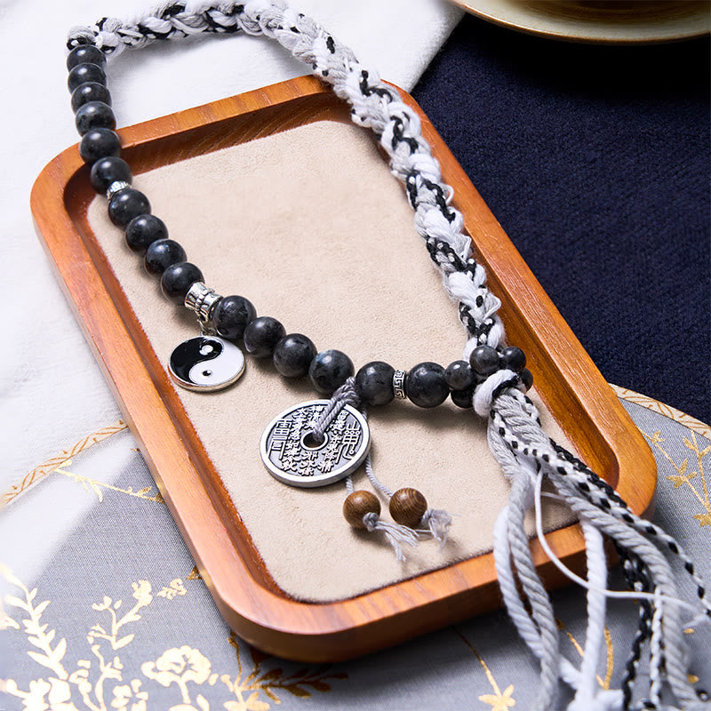 Black Glitter Stone Cat's Eye Yin Yang Mountain Ghosts Spend Money Power Double Layer Rope Bracelet - Image 9