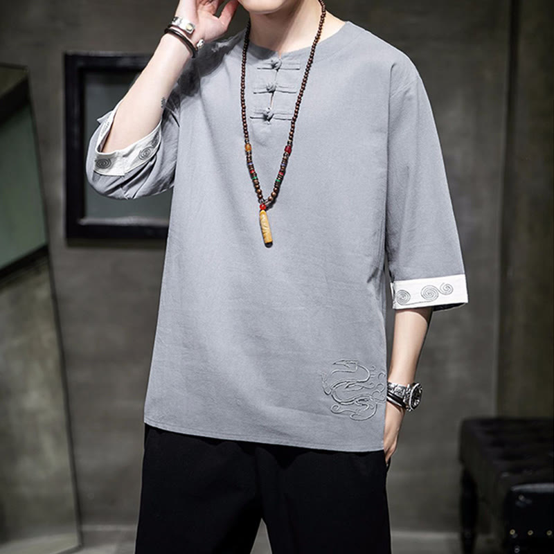 Frog-Button Dragon Embroidery Chinese Tang Suit Three Quarter Sleeve Shirt Cotton Linen Men Clothing - Image 21