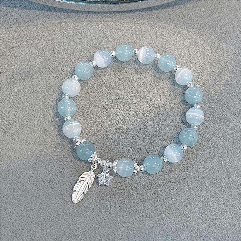 925 Sterling Silver Aquamarine Cat's Eye Healing Feather Star Charm Bracelet