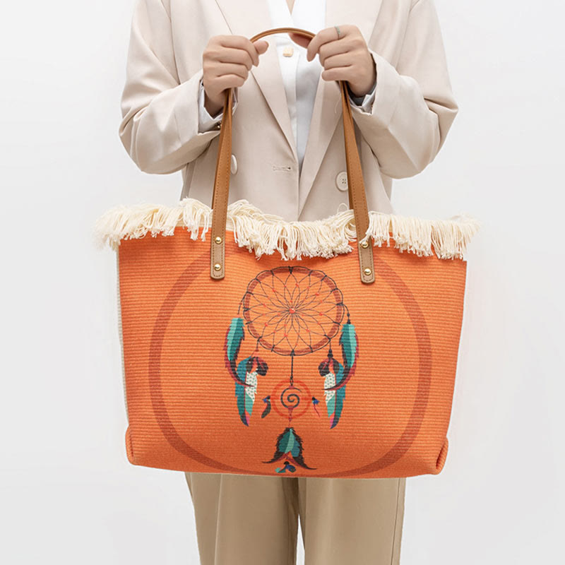 Large Capacity Dreamcatcher Mandala Tassel Canvas Tote Shoulder Bag