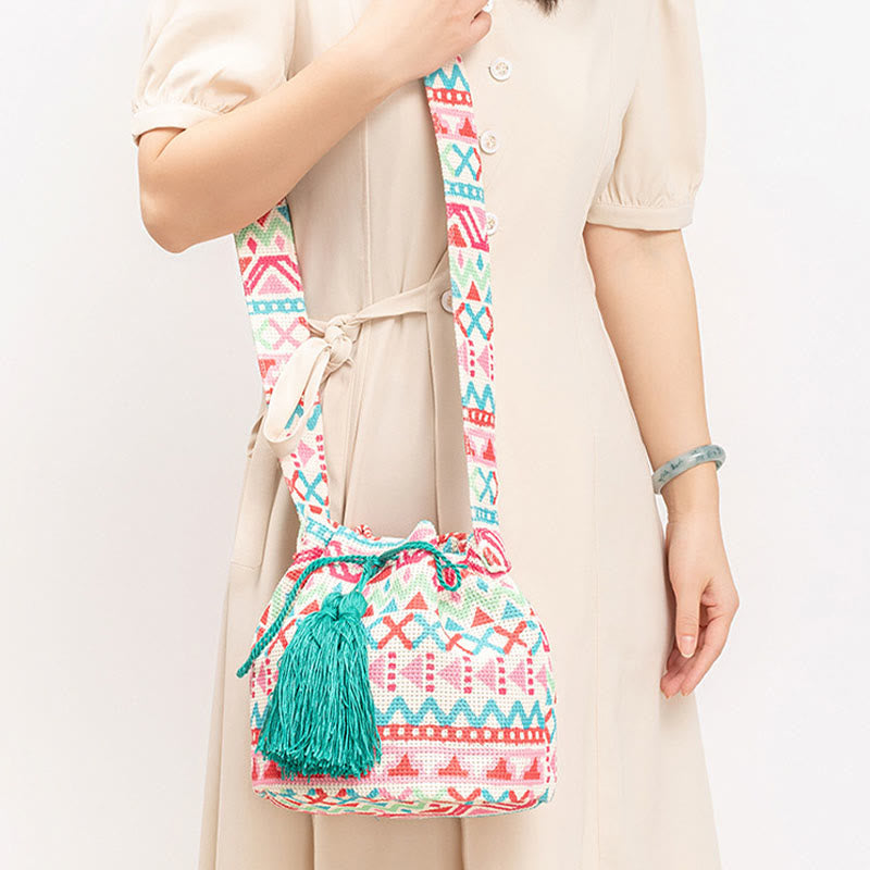 Colorful Geometry Flowers Print Canvas Bucket Crossbody Bag Shoulder Bag - Image 15