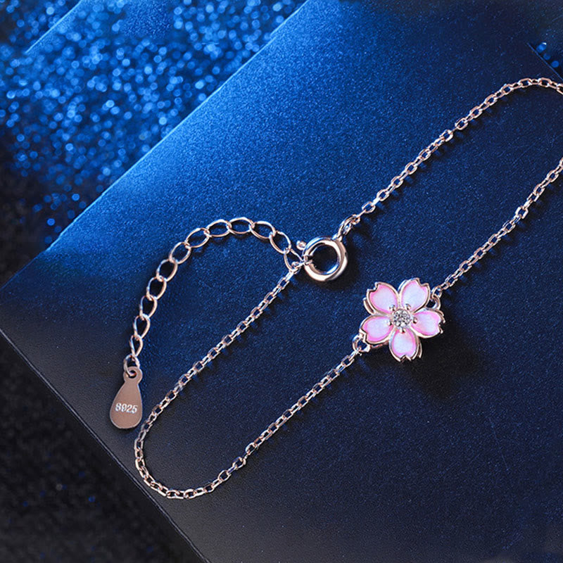 925 Sterling Silver Cherry Blossom Blessing Chain Bracelet Rotatable Ring - Image 10