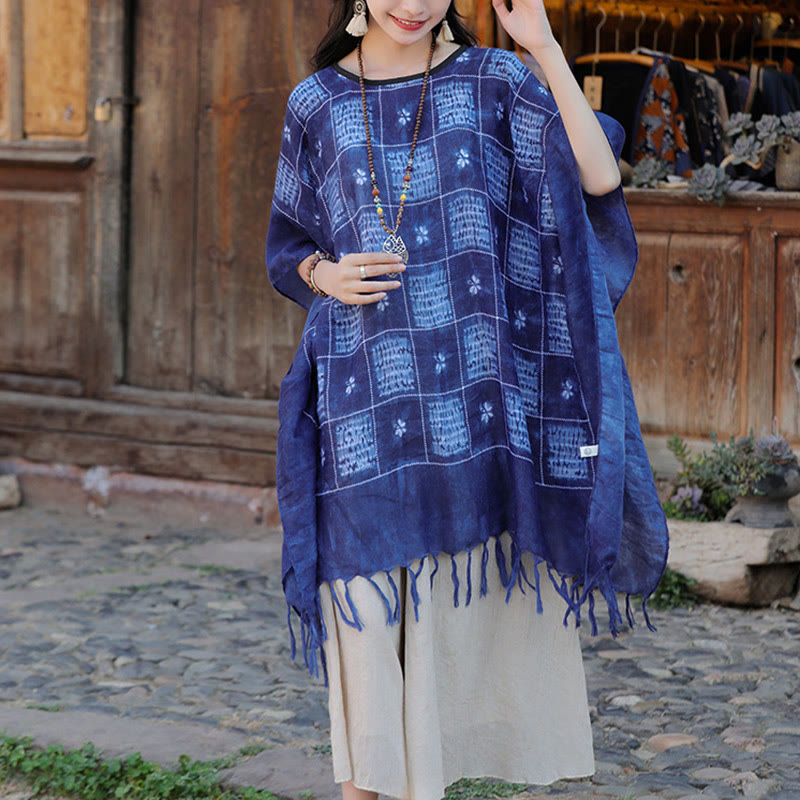 Blue Color Block Plaid Shawl Tassels Soft Pullover 90*95cm - Image 11