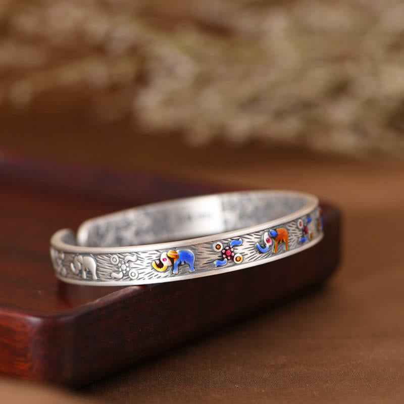 999 Sterling Silver Elephant Strength Wisdom Bracelet Cuff Bangle - Image 4