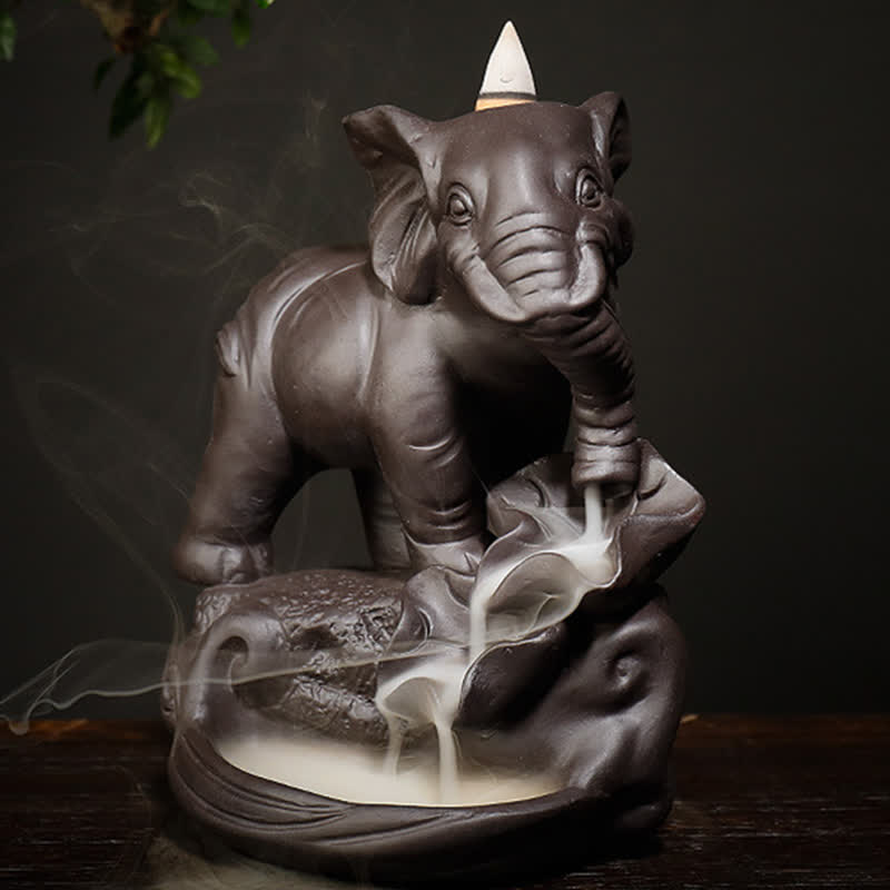 Tibetan Elephant Purple Clay Backflow Smoke Fountain Peace Healing Incense Burner Decoration - Image 3
