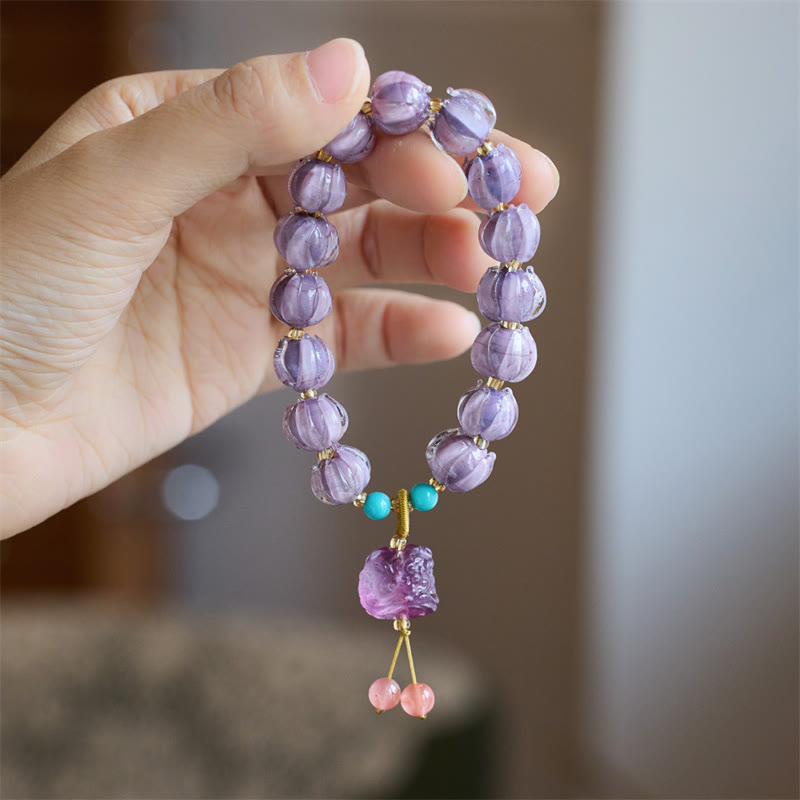 Liuli Glass Bead Lotus Design Fluorite Ivory Fruit Dancing Lion Charm Enlightenment Bracelet