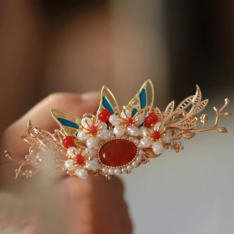 Classical Chinese Style Flower Branche Butterfly Pearl Tassel Hair Clip Hair Comb Hair Crown - Image 19
