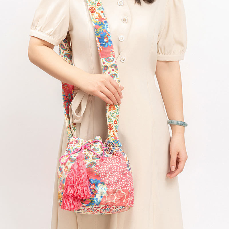 Colorful Geometry Flowers Print Canvas Bucket Crossbody Bag Shoulder Bag - Image 18