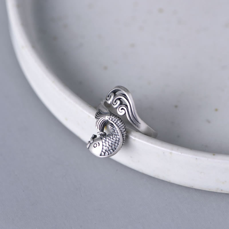 925 Sterling Silver Koi Fish Water Ripple Luck Wealth Ring - Image 10