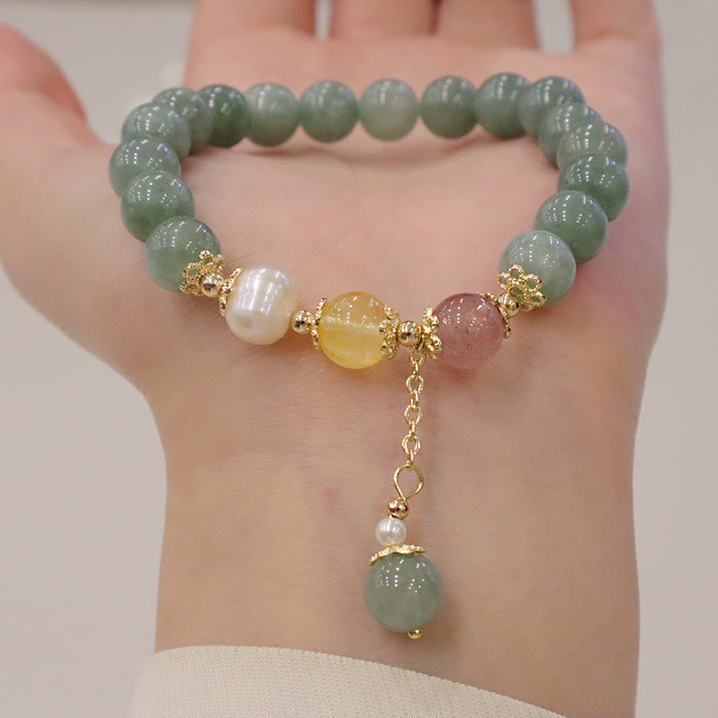 Jade Pearl Strawberry Quartz Abundance Luck Bead Charm Bracelet