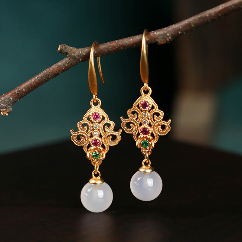 24K Gold Plated Round Chalcedony Positive Dangle Drop Earrings - Image 4