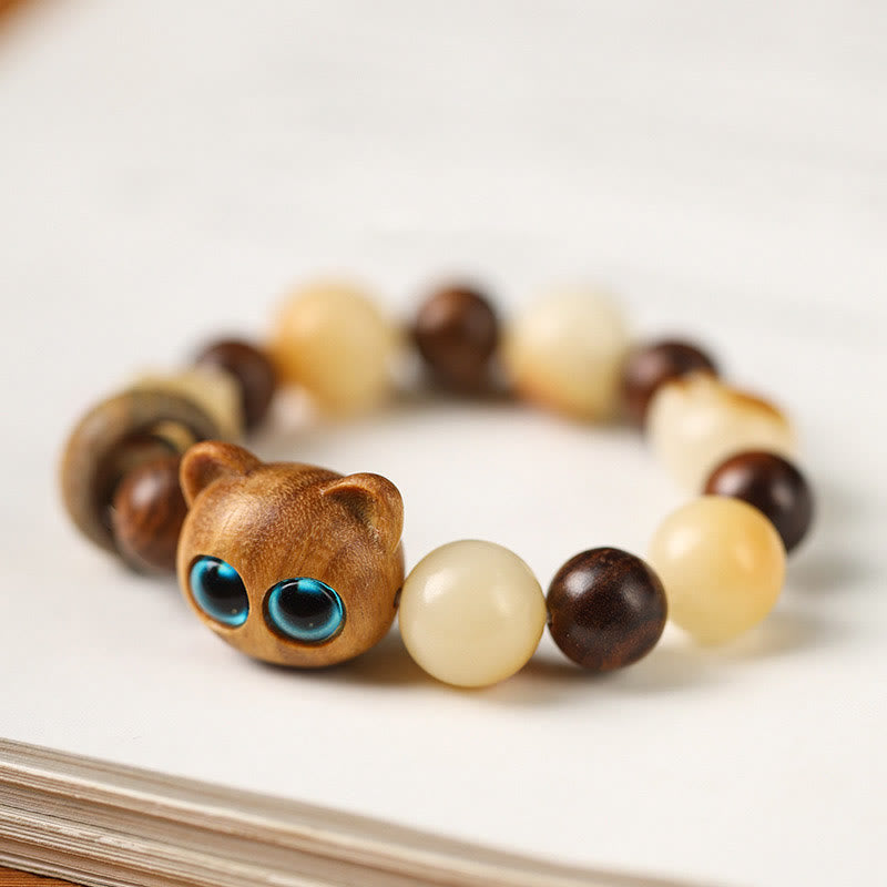 Natural Bodhi Seed Sandalwood Lucky Cute Cat Head Paw Claw Peace Bracelet - Image 6