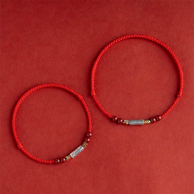 925 Sterling Silver Koi Fish Cinnabar Bead Wealth Handcrafted Braided Bracelet Anklet - Image 6