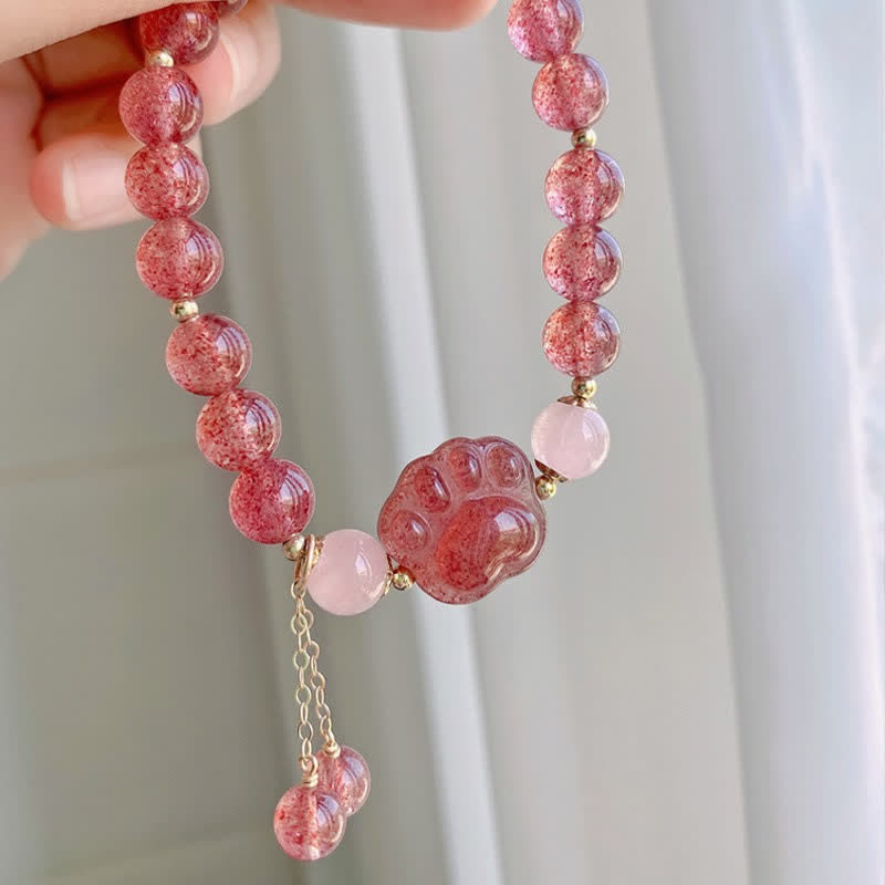 Natural Strawberry Quartz Pink Crystal Lucky Cat Paw Love Bracelet - Image 5