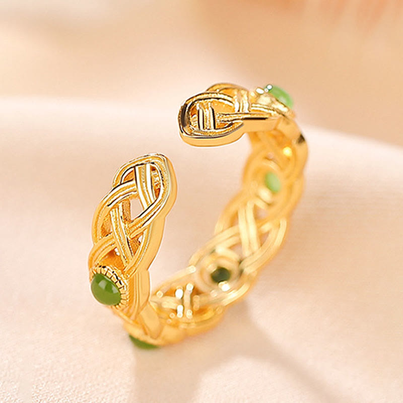 925 Sterling Silver Plated Gold Cyan Jade Braided Design Success Luck Adjustable Ring - Image 4