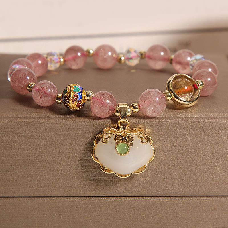 Strawberry Quartz Green Crystal Amethyst Healing Chinese Lock Charm Bracelet