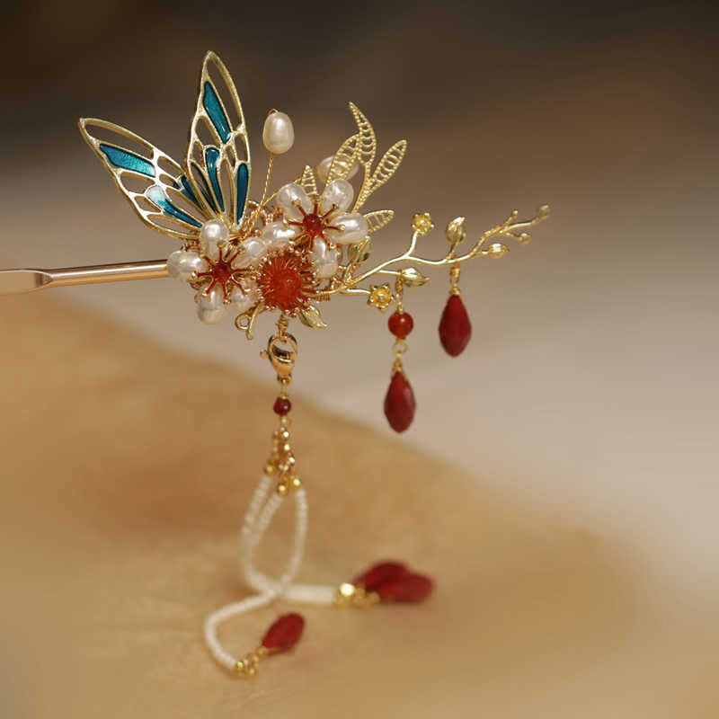 Classical Chinese Style Flower Branche Butterfly Pearl Tassel Hair Clip Hair Comb Hair Crown - Image 13