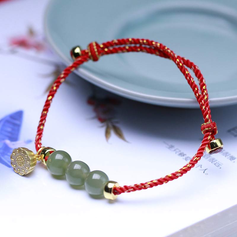 Natural Jade Lotus Seed Strength Red String Weave Bracelet