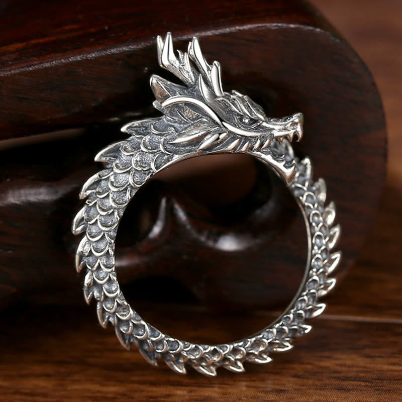 925 Sterling Silver Vintage Dragon Success Protection Strength Adjustable Ring