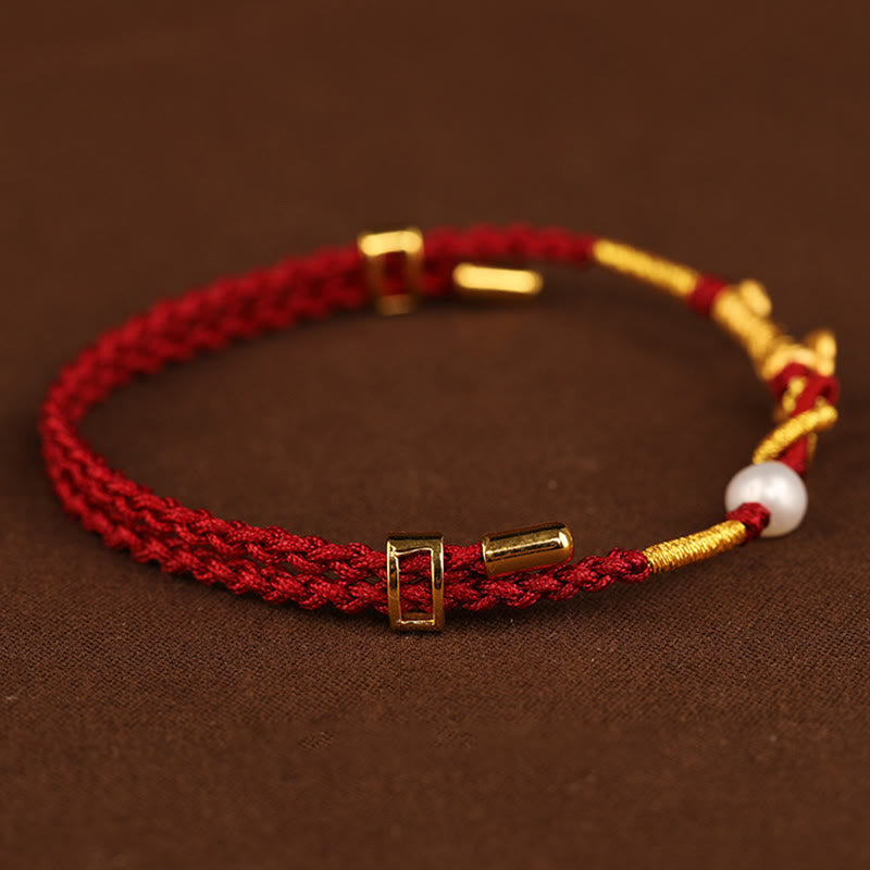 24K Gold Wish Ruyi Handle Fu Character Rabbit Pearl Luck Braided Bracelet - Image 8