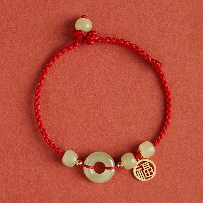 Round Peace Buckle Jade Lotus Happiness Abundance Wealth String Bracelet - Image 18
