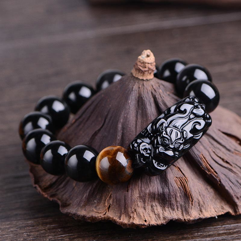 Natural Black Obsidian PiXiu Tiger's Eye Strength Bracelet