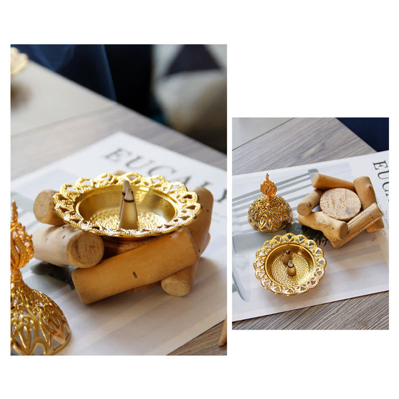 Gold Alloy Healing Mini Incense Burner With Wooden Coaster Home Decor - Image 9