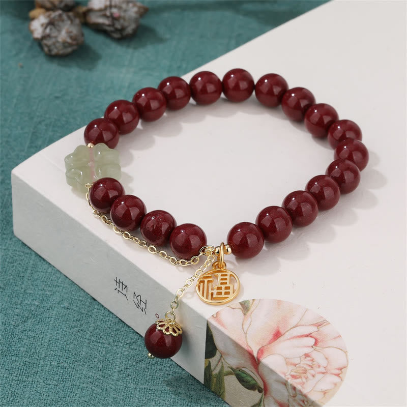 Cinnabar Fu Character Hetian Jade Lucky Four Leaf Clover Blessing Bracelet - Image 7