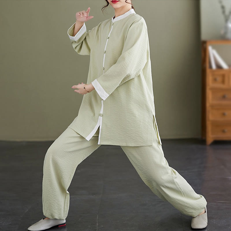 2Pcs Vintage Long Sleeve Shirt Top Pants Meditation Zen Tai Chi Cotton Linen Clothing Women's Set - Image 14