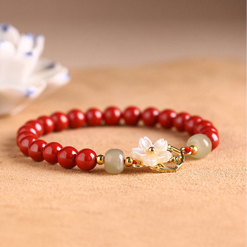 Natural Cinnabar Jade Beaded Tridacna Stone Flower Blessing Bracelet - Image 11