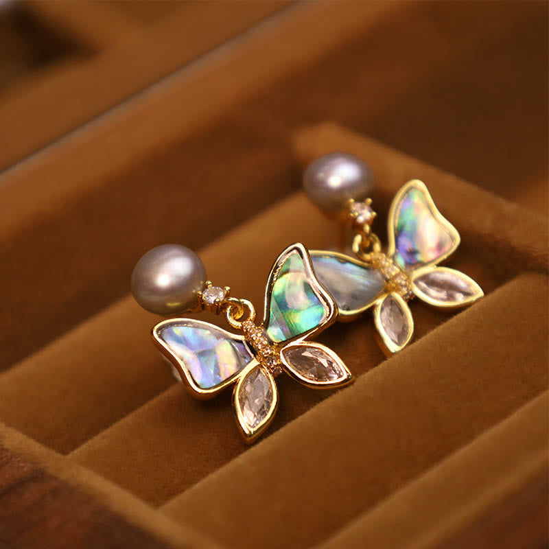 18K Gold Plated Copper Natural Shell Pearl Butterfly Sincerity Stud Earrings - Image 4