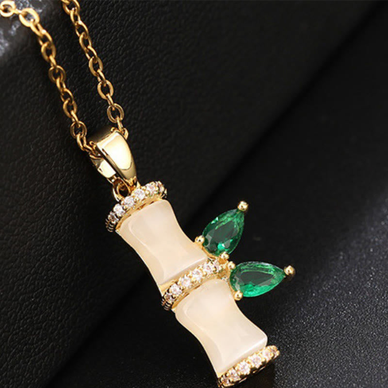 18K Gold Plated Chalcedony Bamboo Rhinestones Harmony Necklace Pendant - Image 3