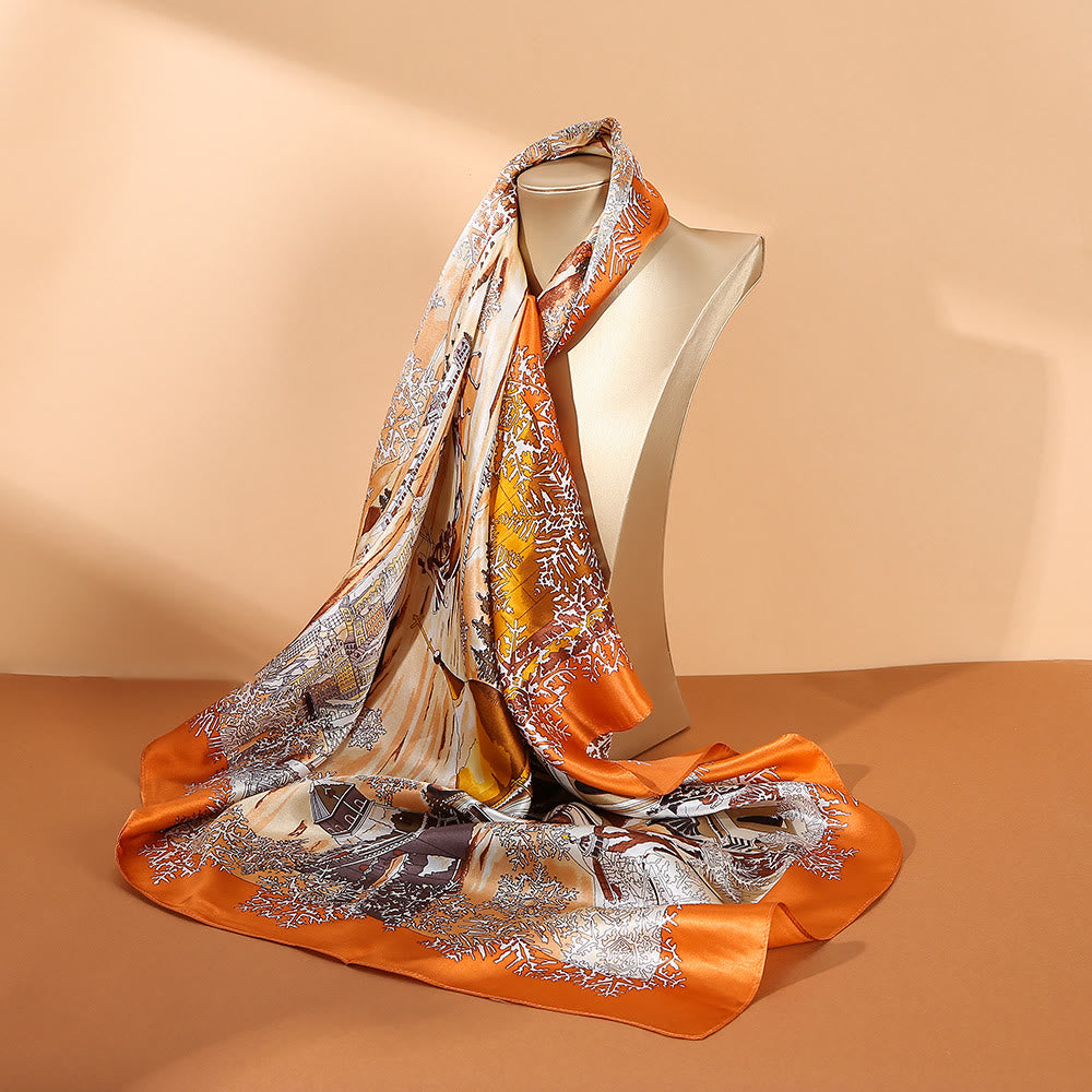 Oil Painting City Snow Scene Castle Lotus 100% Mulberry Silk Neck Hair Scarf - Image 8