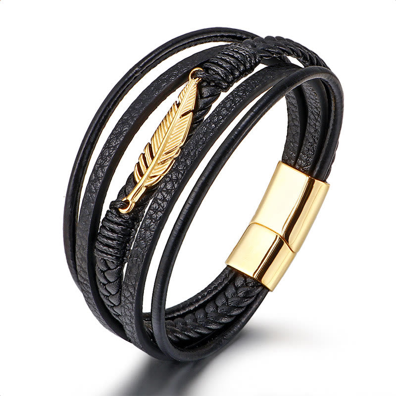 Feather Pattern Multilayer Leather Titanium Steel Calm Braided Magnetic Buckle Bracelet