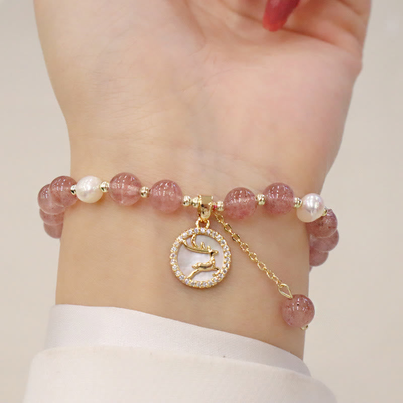 Strawberry Quartz Pearl Elk Smiley Face Fishtail Fu Character Charm Healing Bracelet - Image 4