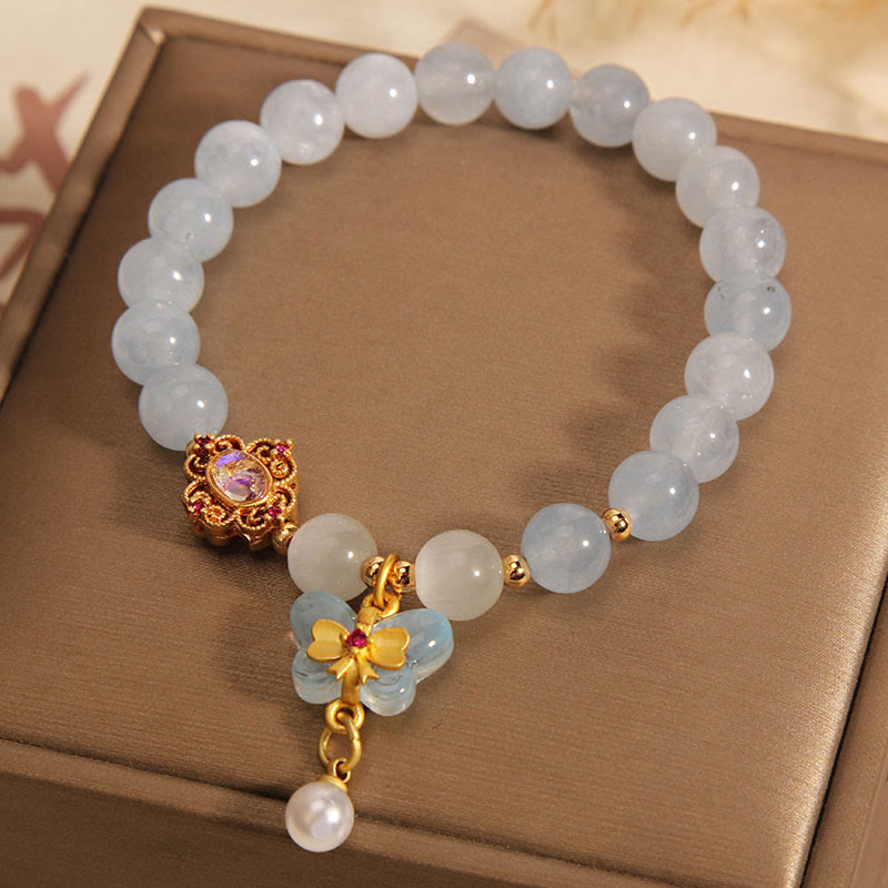 Aquamarine Cat's Eye Healing Butterfly Pearl Charm Bracelet - Image 3