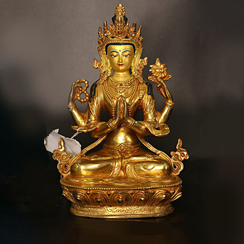 Bodhisattva Tara Chenrezig Four-armed Avalokitesvara Protection Copper Gold Plated Statue Decoration - Image 6