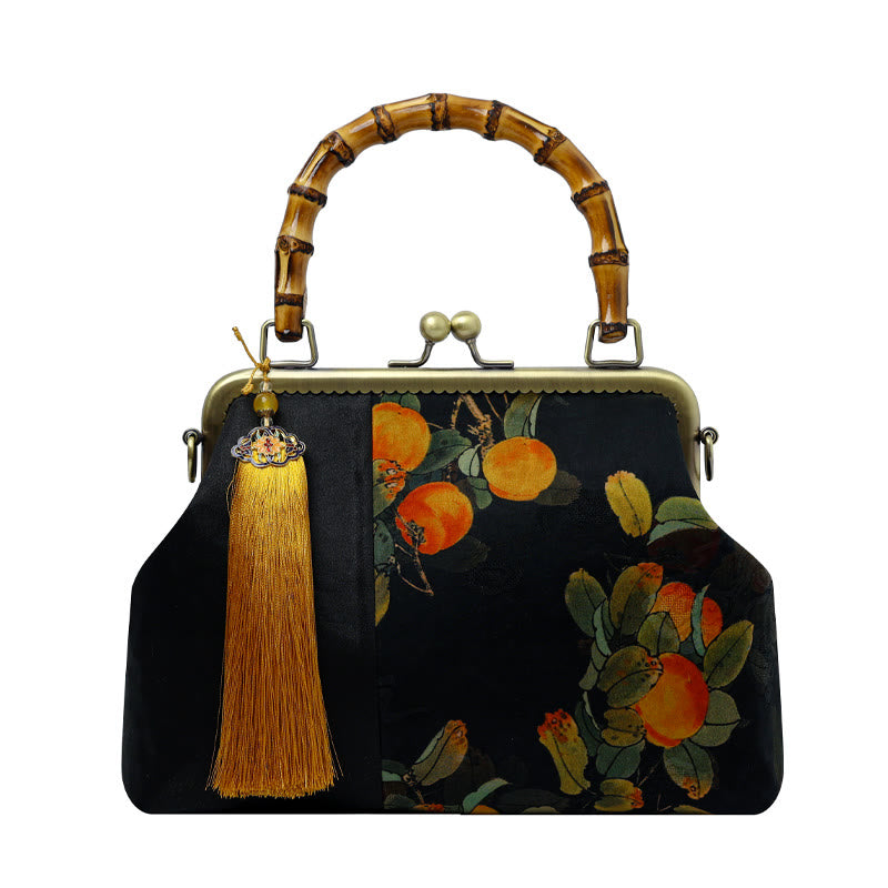 Leaves Bird Branches Persimmon Flowers Bamboo Handles Handbag - Image 14