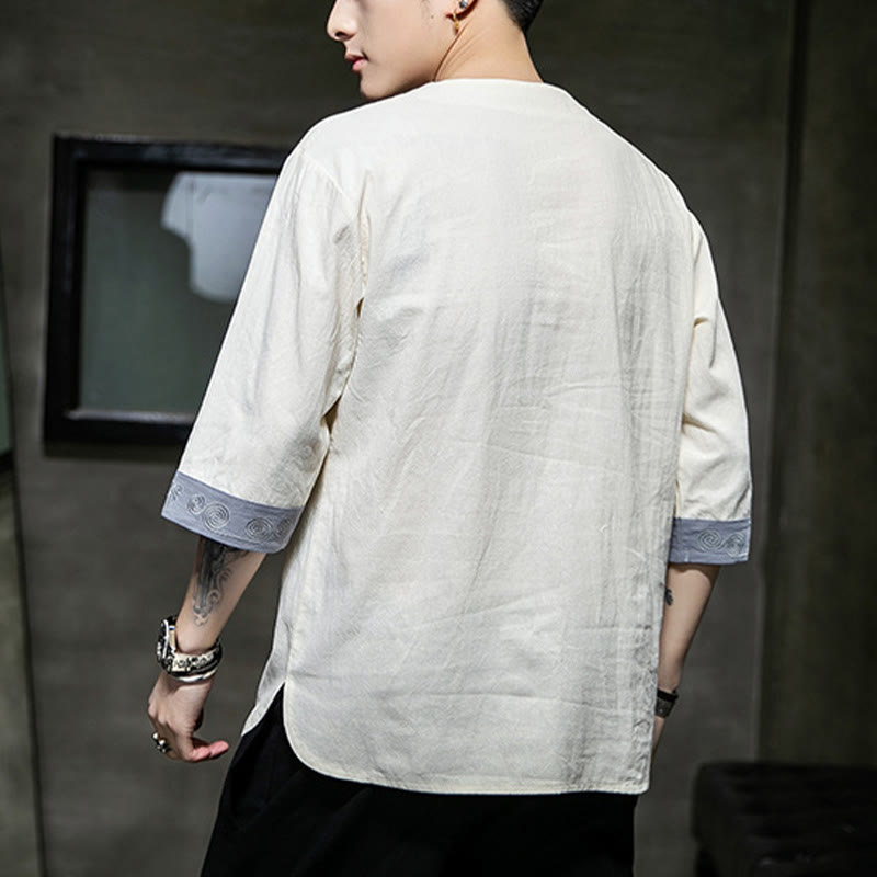 Frog-Button Dragon Embroidery Chinese Tang Suit Three Quarter Sleeve Shirt Cotton Linen Men Clothing - Image 3