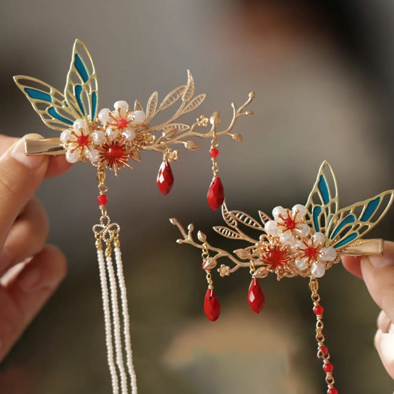 Classical Chinese Style Flower Branche Butterfly Pearl Tassel Hair Clip Hair Comb Hair Crown - Image 22